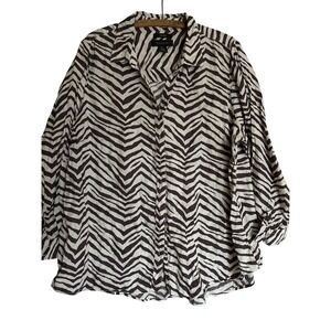 Tahari Women's 2X 100% Linen Animal Print Button Down Shirt Office Career Casual